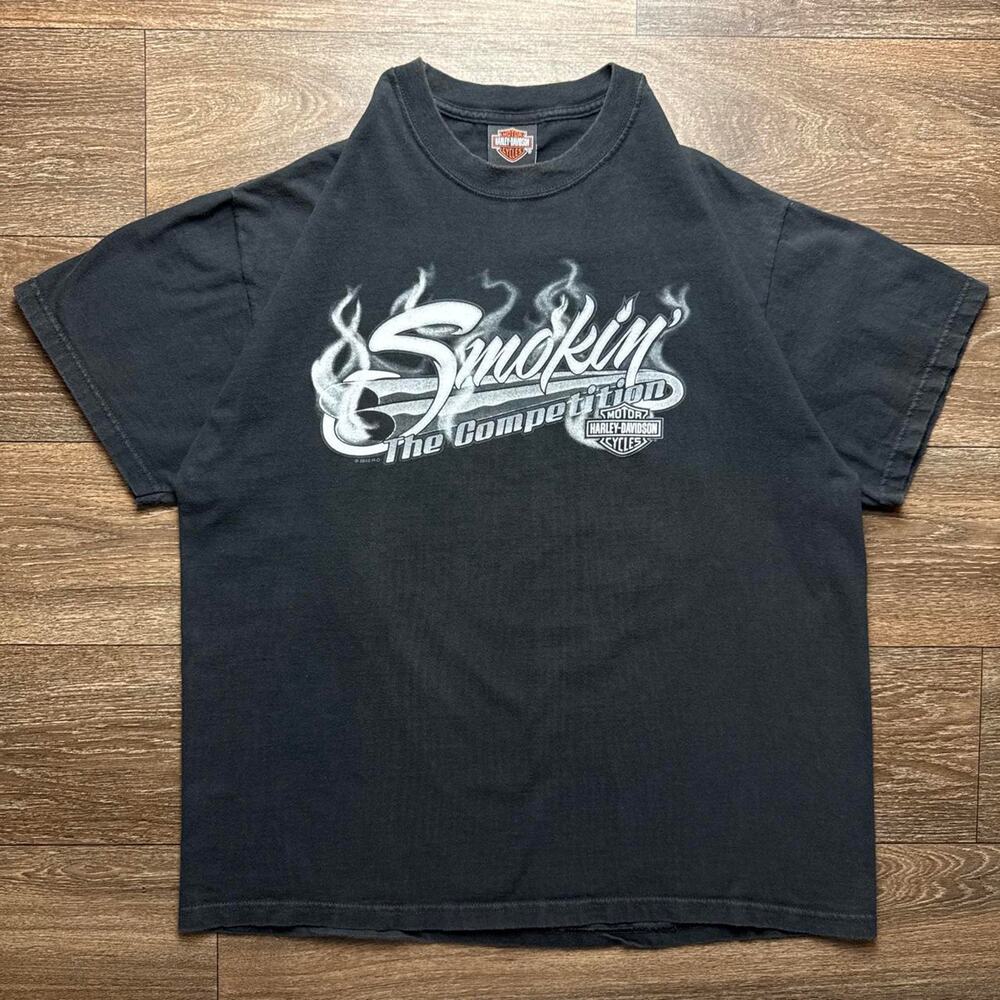 Y2K Harley Davidson Black Tee with White 'Smokin' The Competition' Graphic